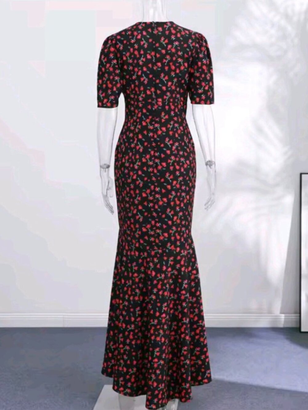 Chic Lady Dress Printed Short Sleeve V-neck Cinched Waist Slim Long Dress - Picture 3 of 7